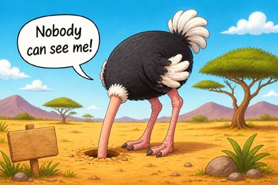 Image: Ostrich sticks its head into a hole